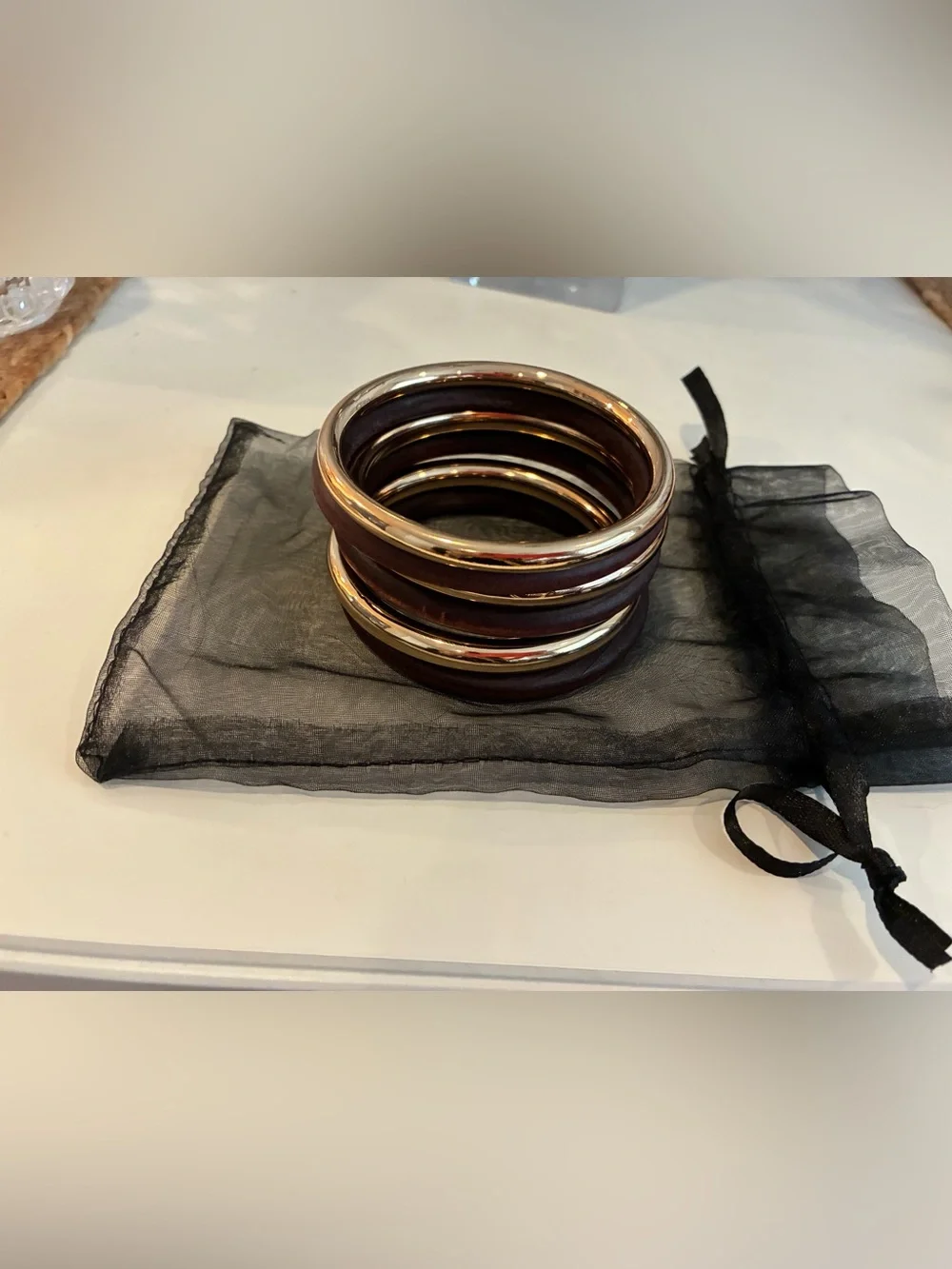 Set of Round Bangle Bracelets - Brown and gold Tone - 6 in total